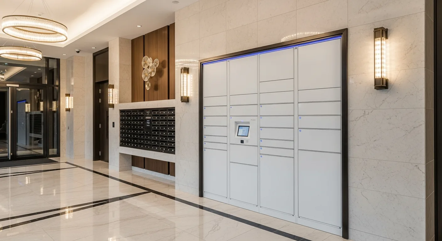 Consigne connectée Pakadom intégrée dans le hall d'entrée d'un immeuble de standing